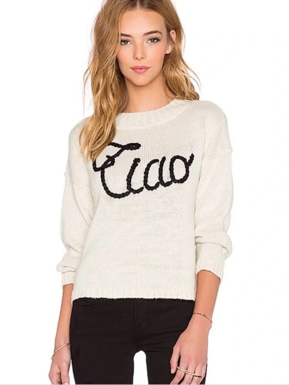 Wildfox Ciao Bella Sweater Oatmeal/Black Size Small Wool Blend